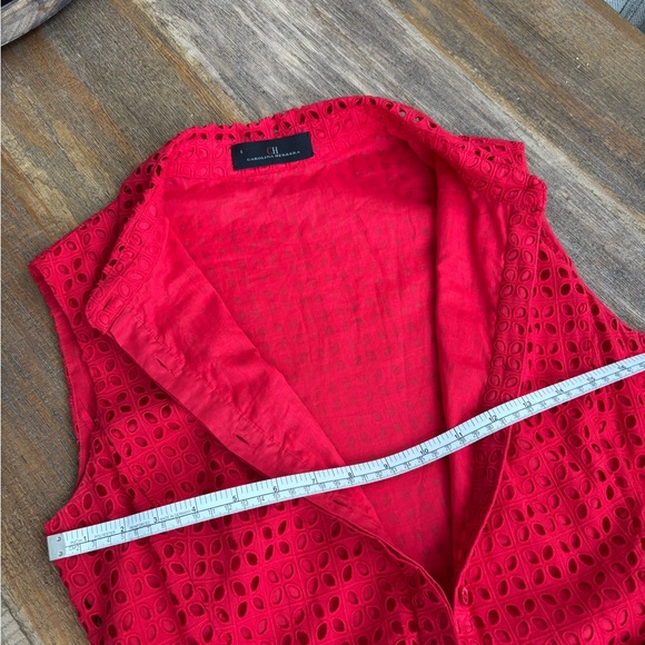 Carolina Herrera Red Eyelet Asymmetrical Shirt Dress size 6 - Picture 3 of 15
